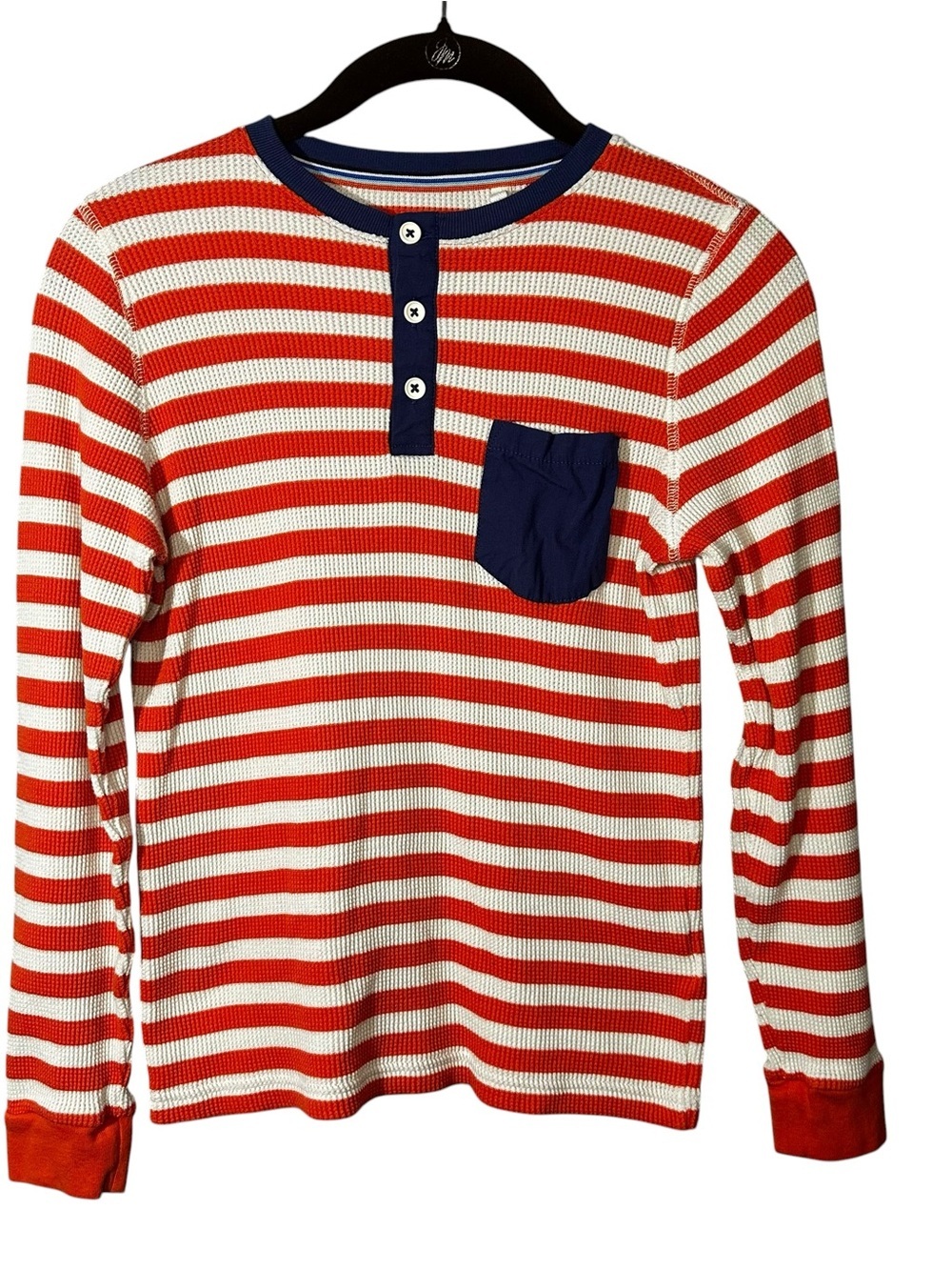 Boden Kids Orange & Cream Stripe Waffle Knit Henley Top Size 11-12Y